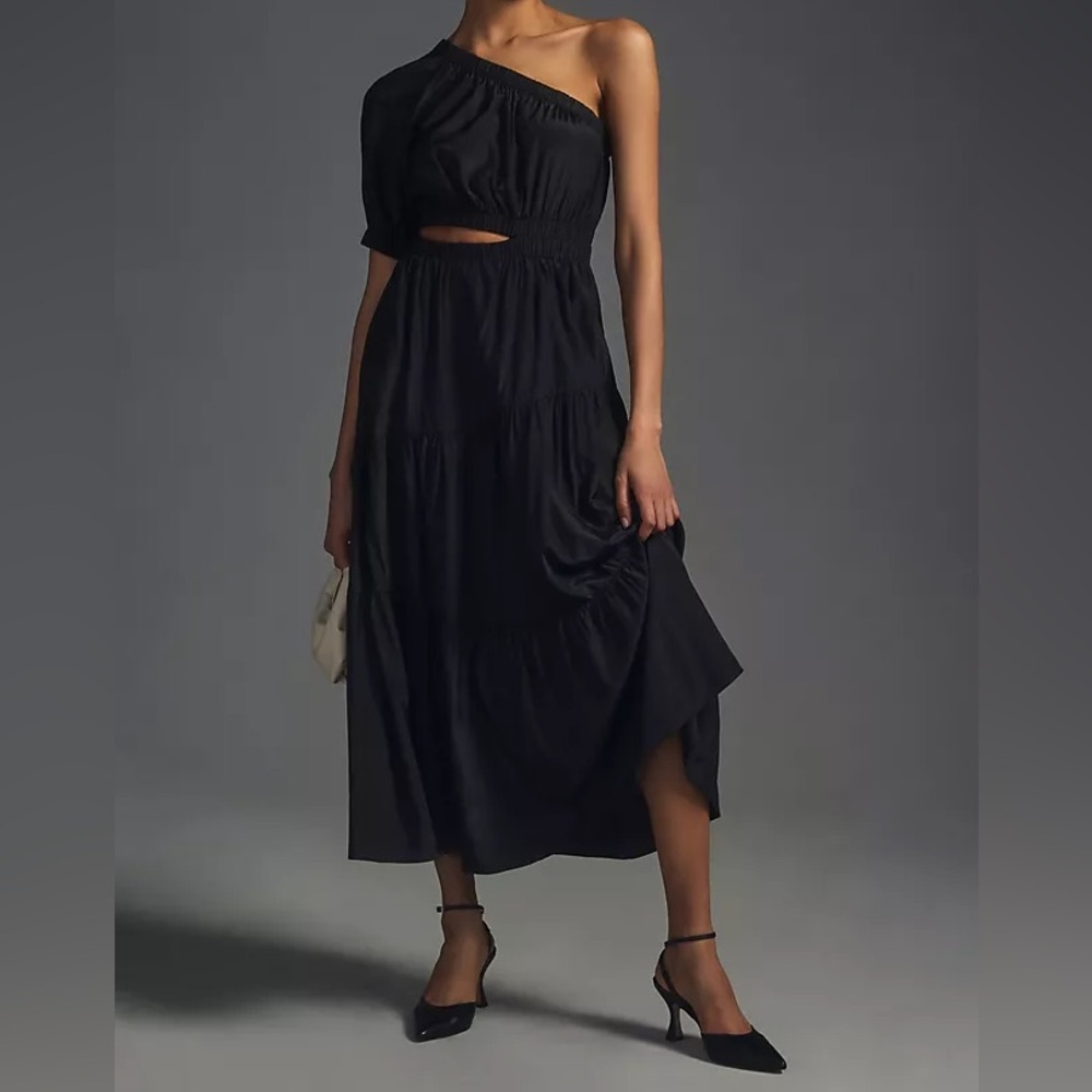 Anthropologie moon river black one shoulder tiered cutout midi dress size S